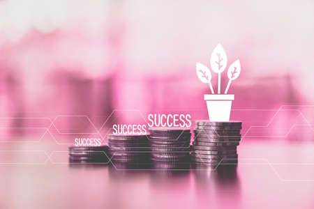 Business financial success concept with currency icon and success and graph double expose on picture.の写真素材