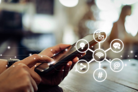 Communication fintech sign icon and connection screen of smartphone with blur cafe coffee shop...