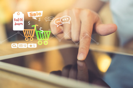 Woman's hand using smartphone do online selling for people shopping online with chat box, cart,...