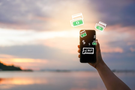 Women hand using smartphone do online shopping screen with many icons  such as  buy icon, dollar...