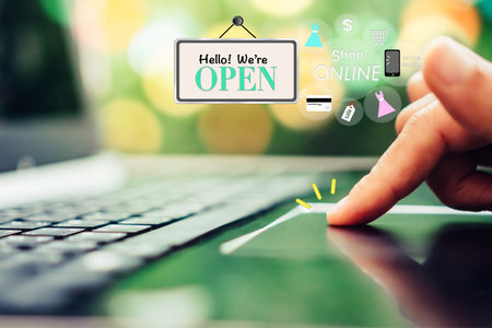 Women hand using laptop do online selling for people that shopping online with chat box, cart,...