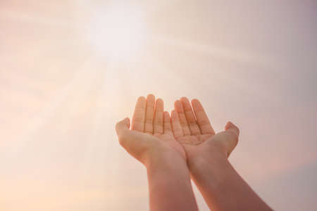 Woman hands place together like praying in front of nature green  background.の写真素材