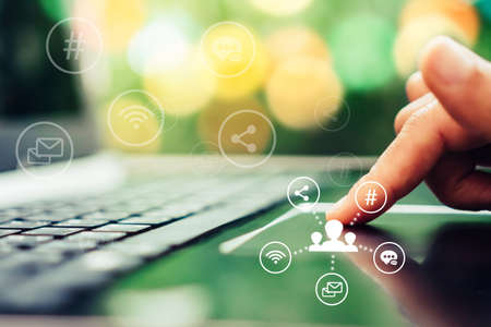 Communication fintech sign icon and connection screen of smartphone with blur cafe coffee shop background. Financial business technology freedom dream life using internet freedom life concept.の写真素材