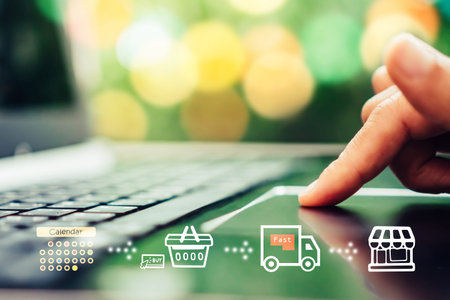 Women hand using smartphone do shopping online store with various doodle icons pop up. Social media maketing concept.の写真素材