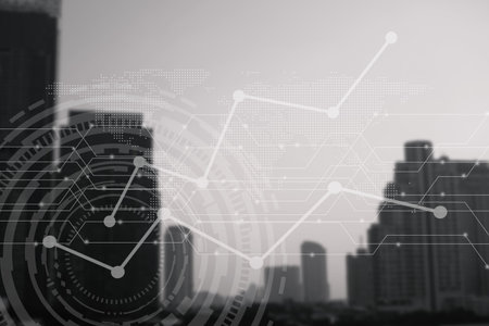 Blur capital town many buildings in city with transportation system double exposure graph and...