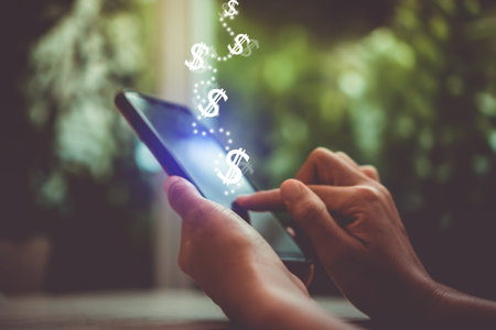 Market stock graph icon screen of smartphone background. Financial business technology freedom dream...