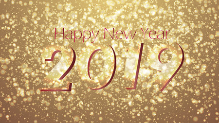 Abstract 2019 colorful bokeh and glowing spakling shining particles in random gold color theme...