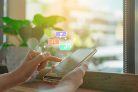 Communication fintech sign icon and connection screen of smartphone with blur cafe coffee shop...
