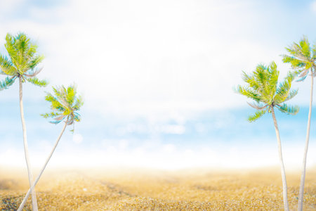 Tropical nature clean beach palm beach and white sand in summer with sun light blue sky and bokeh...