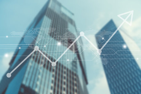 Blur capital town many buildings in city with transportation system double exposure graph and...