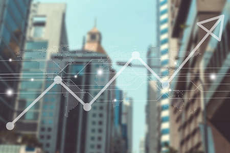 Blur capital town many buildings in city with transportation system double exposure graph and technology icon  with sunlight background.の写真素材