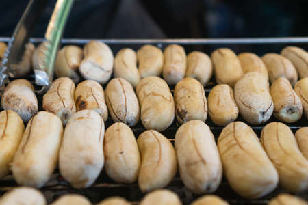 Grilled bananas on electric grill healthy snack food background.の写真素材