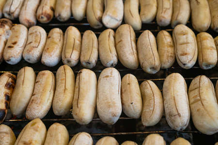 Grilled bananas on electric grill healthy snack food background.の写真素材