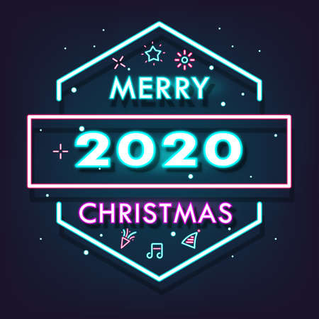 Happy New Year 2020 Shining Neon light background Vector illustration. Merry Christmas and Happy New Year celebration. Falling snow. Greeting card wallpaper concept.のイラスト素材