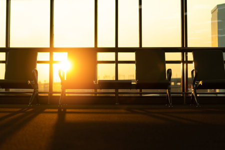 Traveller seat or chair in the airport boarding area with sunset light moment . 