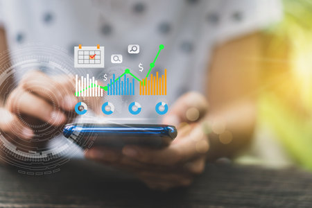Fintech financial icon and market stock graph pop up from smartphone. Financial business technology...
