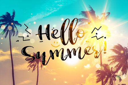 Hello summer qoute on blur beach and tropical coconut palm summer style abstract blurry background....