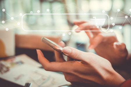 People hand using mobile phone or smartphone searching for information in internet online society...