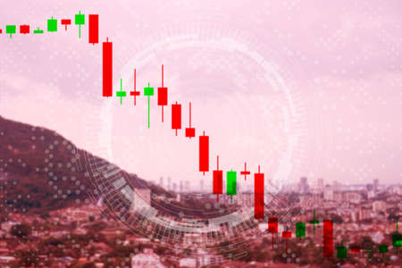 Blur capital town many buildings in city with transportation system double exposure graph downtrend and technology icon with sunlight background.の写真素材