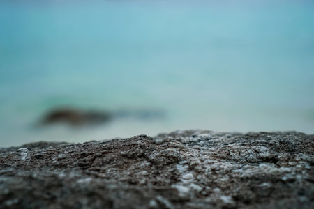 Selective focus od black stone texture for put product to show with beach in background.の写真素材