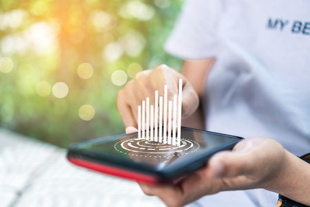Market stock graph icon screen of smartphone background. Financial business technology freedom dream...