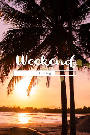 Weekend loading qoute on nature blue sky summer tropical beach. Travel tourism season concept background.の写真素材