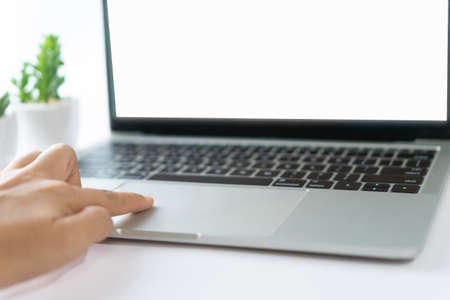 People using laptop to work study on work desk with clean nature background background. Business, financial, trade stock maket and social network concept.の写真素材