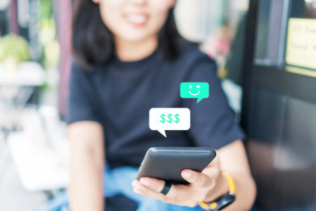 Woman using smartphone to do work business, social network, communication with chat icon.