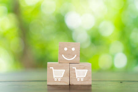 Smile face and cart icon on wood cube. Optimistic person or people feeling inside and service rating when shopping, satisfaction concept in business.の写真素材