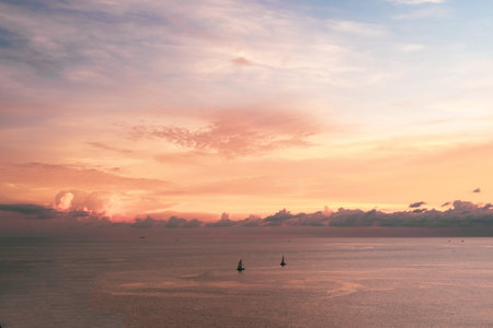 High angle view of sea view with sunset sky background.