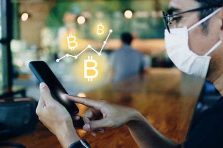 Man wear mask use gadget mobile smartphone earn money online with dollar icon pop up. Business...