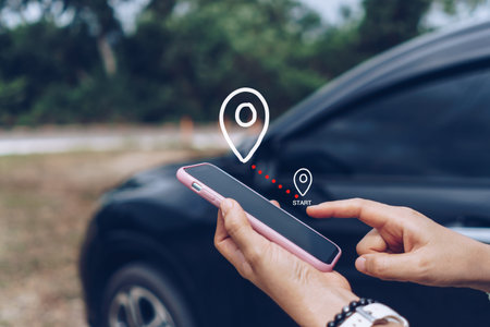 Woman use smartphone to look up map plan route for travel. Road trip concept.