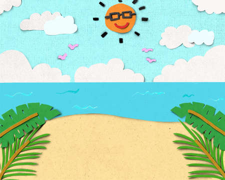 Beach scene with sun, cloud and tropical leaf paper cut style background. Vector EPS10 Illustration design.の写真素材