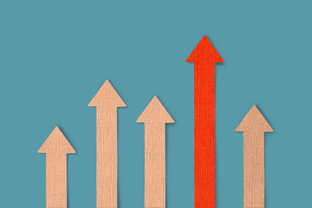Paper cut texture style growing bars graphic with rising arrow. Progress way and forward achievement...