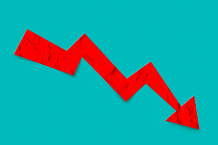 stock icon on background. paper cut style. financial market downtrend icon for your web site design, logo, app, UI. graph chart down symbol. chart going down.の写真素材