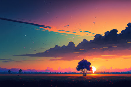 Minimal beautiful silhouette sunset sky with vibrant color and copy space sky background. Illustration graphic design.の写真素材