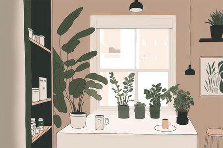 Minimal art hand drawn of cafe coffee shop with plant background.の写真素材