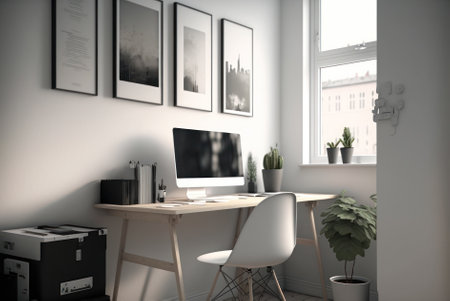 Minimal cozy home work space for work at home interior decoration inspire background. Graphic design illustration.の写真素材