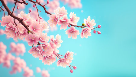 Beautiful cherry blossom or sakura tree branches on blue sky with copy space background in spring seasonの写真素材