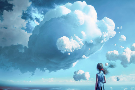 Blue tone color background of sky and city with girl stand and look to sky.
