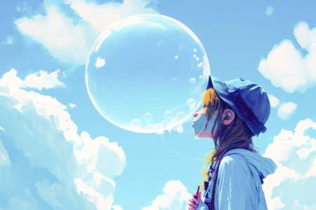 Blue tone color background of sky and city with girl stand and look to sky.