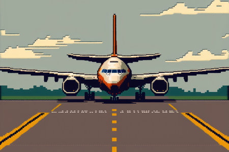 Airplane on runway travel transportation pixel art style graphic backgroundの写真素材