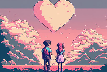 Valentine card background pixel art style graphic.