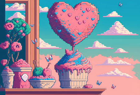 Valentine card background pixel art style graphic.