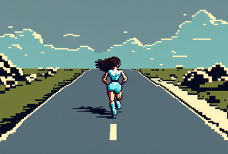 Woman running on the road pixel art style background