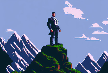 Business man rise hand to sky show victory or success in business concept pixel art