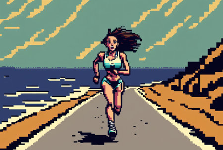 Woman running on the road pixel art style backgroundの写真素材