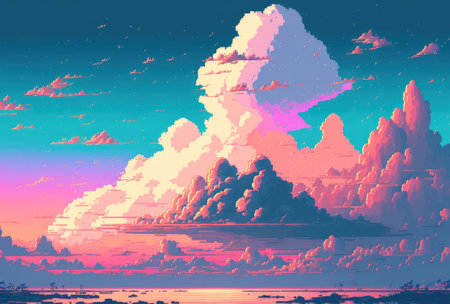 Pastel sweet blue pink sky pixel art style. background with copy spaceの写真素材