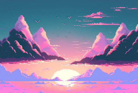 Pastel sweet blue pink sky pixel art style. background with copy space