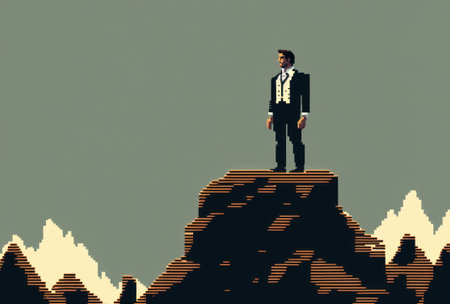 Business man rise hand to sky show victory or success in business concept pixel art